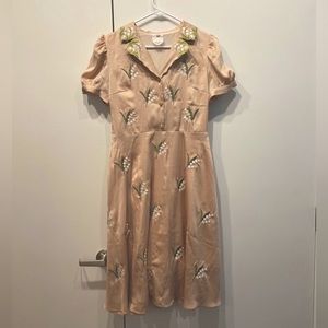 Peach Cream Lily-of-the-Valley Embroidered Dress